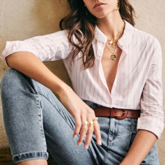 Sezane Gina Button Down Long Sleeve Cotton Shirt. White, Pink Striped. 6US. Lace - Picture 2 of 16